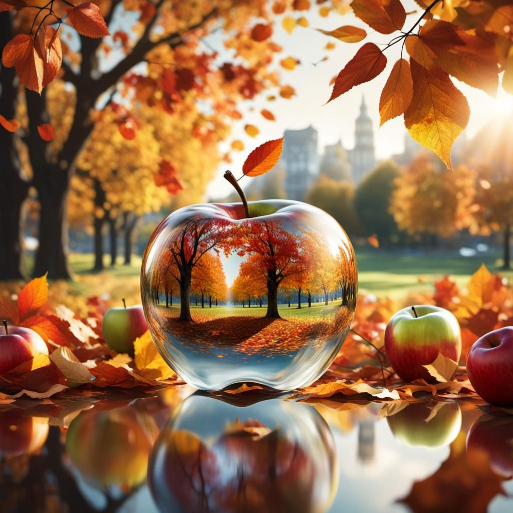 Glass Apple Reflecting Autumn Park, Double Exposure