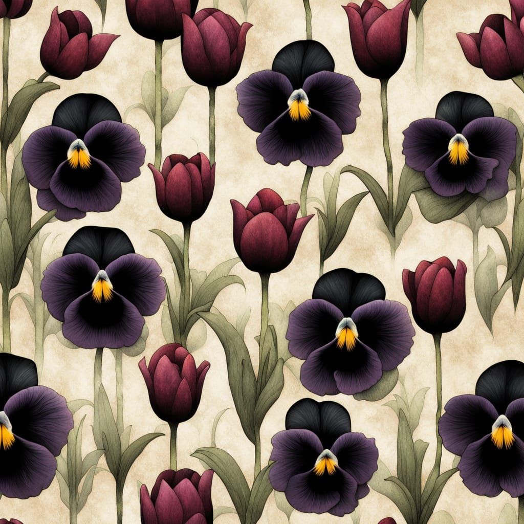 Gothic Flower Garden with Black Pansies and Tulips