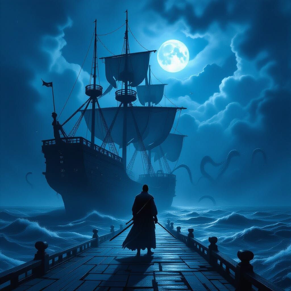 Samurai on Ghost Ship Under Starry, Stormy Sky