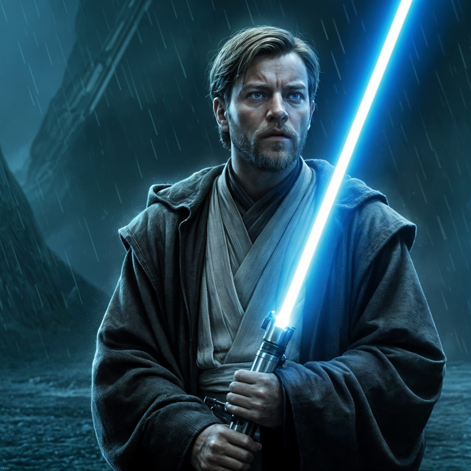 Obi-Wan Kenobi Portrait with Lightsaber on Kamino