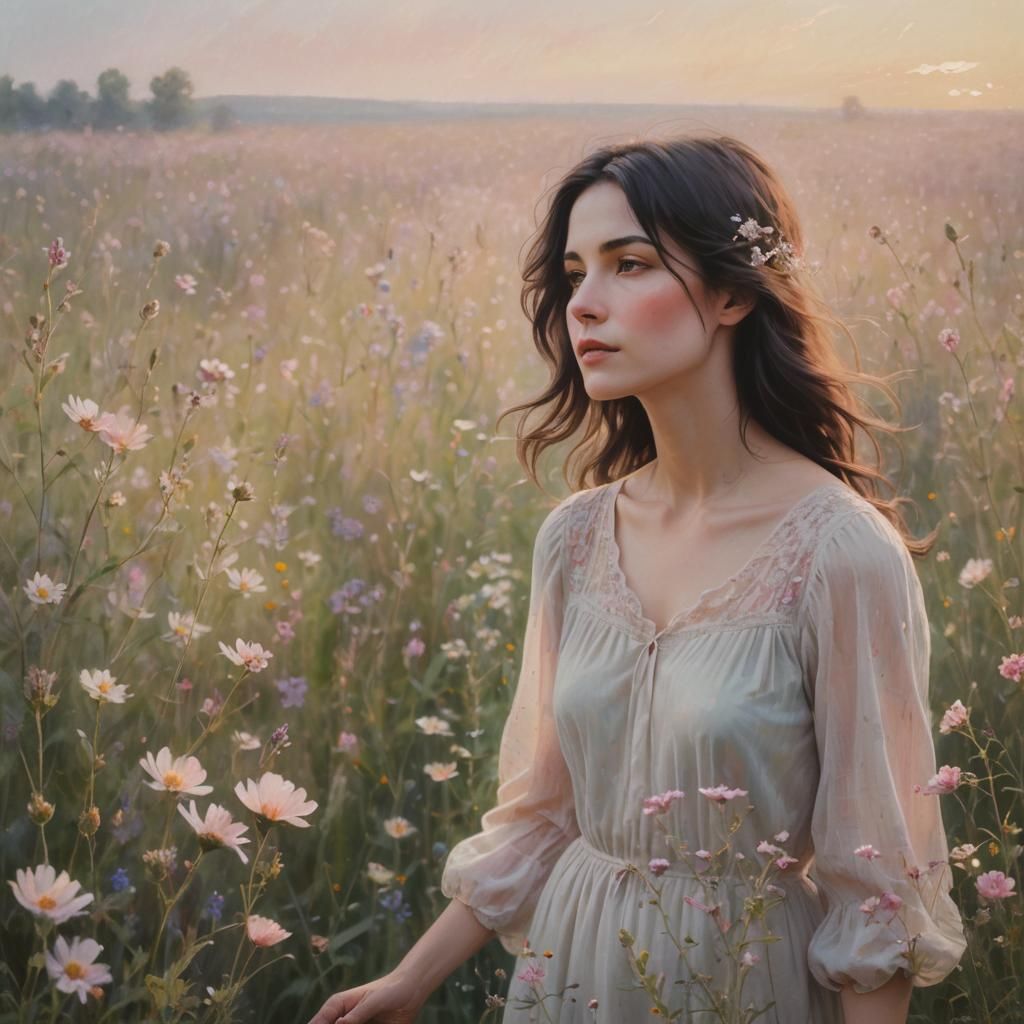 Impressionistic Woman in Wildflower Field under Pastel Sky