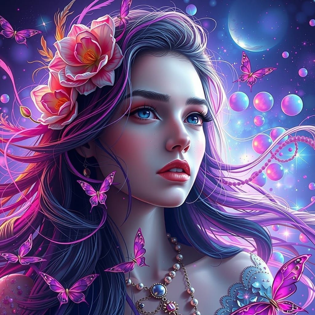 Photorealistic. Front view of a black-haired girl with one cosmic flower blooming from her face doble exposición. Milky ...