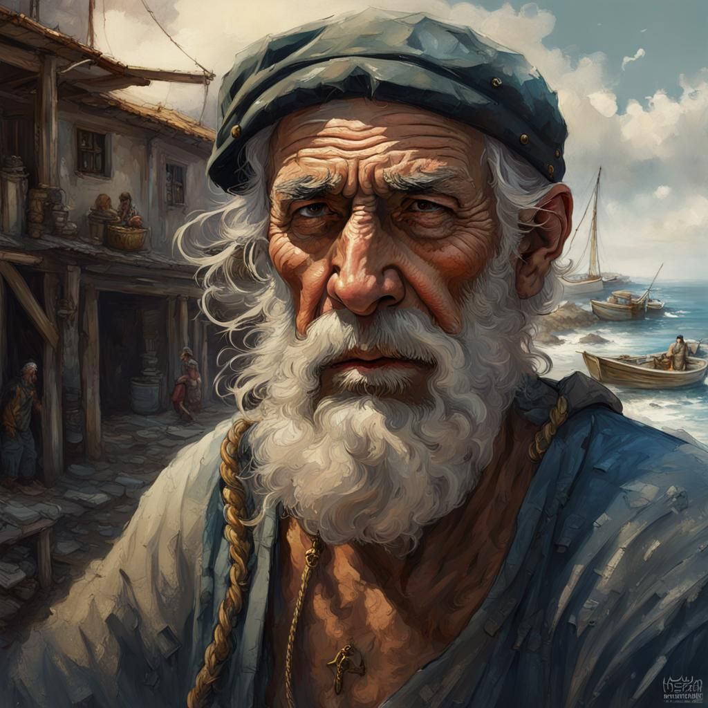 Old Greek Fisherman Portrait in Detailed Matte Painting