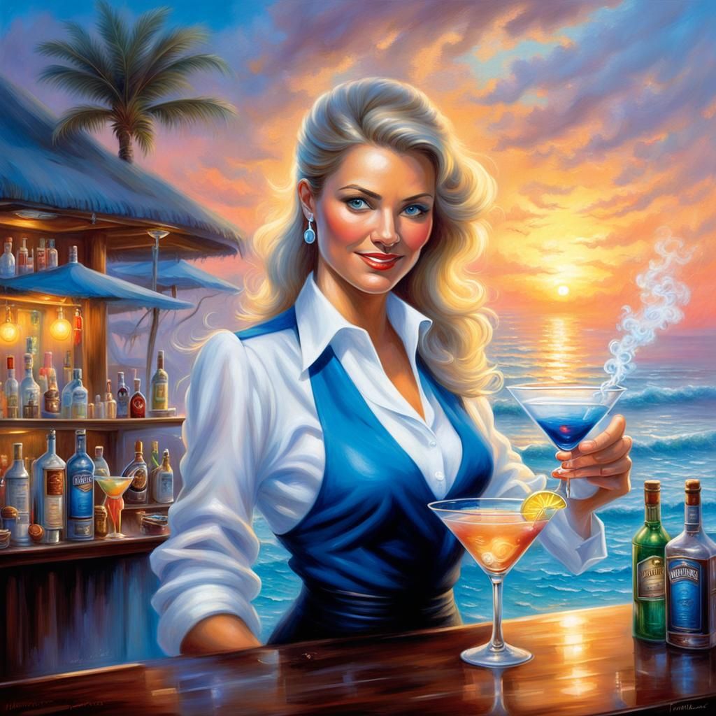 Beach Bartender Serving Glowing Cocktail at Sunset