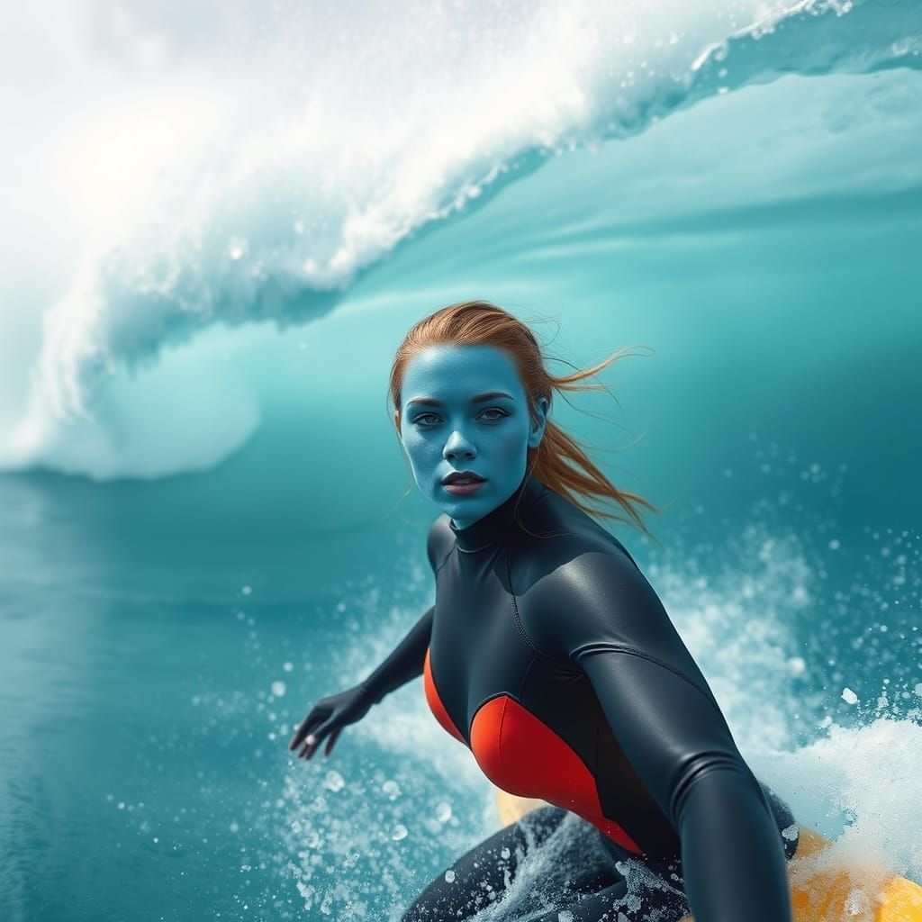 Blue-Skinned Surfer on Massive Wave