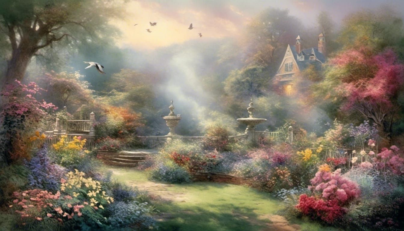Watercolor Garden with Blooming Flowers and Birds