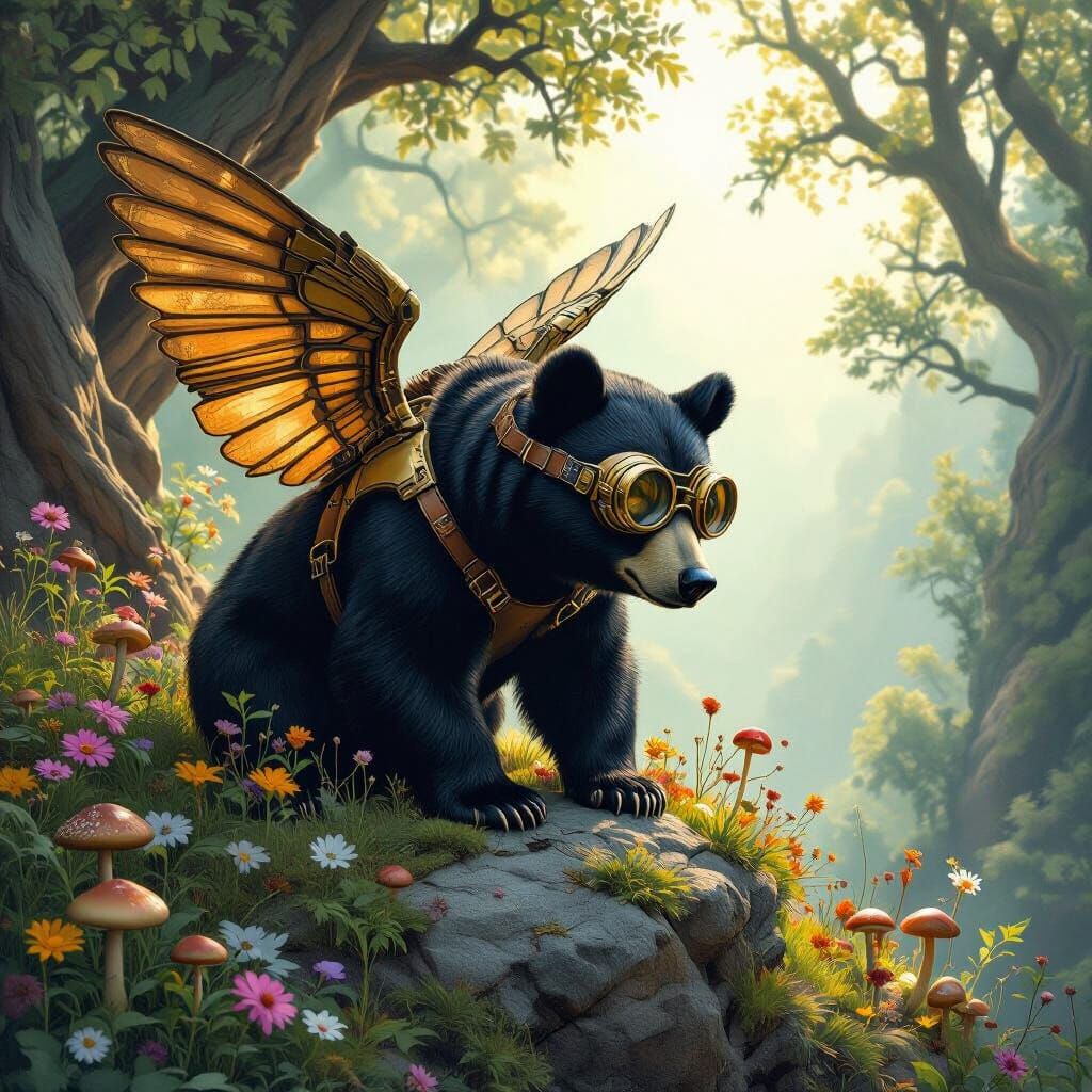 Steampunk Bear Overlooking Forest Clearing