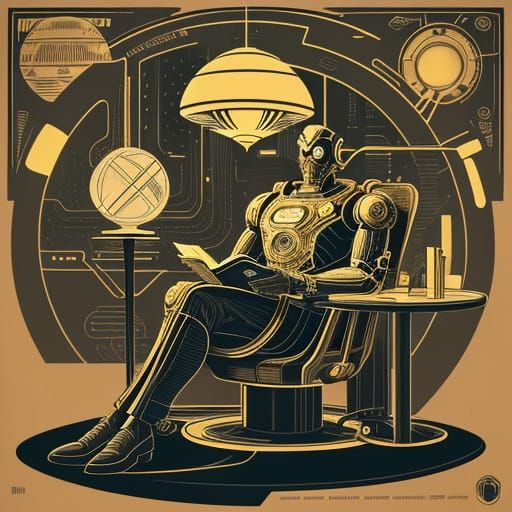 Vintage Robot Reads Book in Futuristic Library