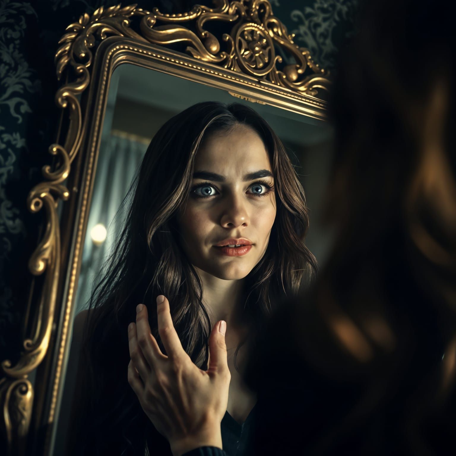 Sinister Reflection in Ornate Vintage Mirror