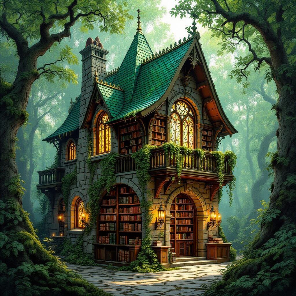 Enchanted Forest Library in Art Nouveau Style