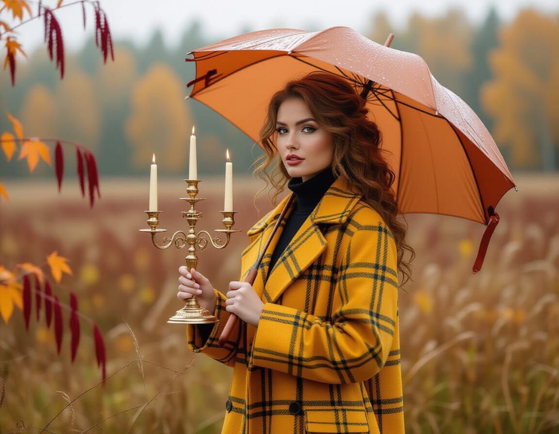 Autumn Woman with Candelabrum and Umbrella in Fiery Plaid
