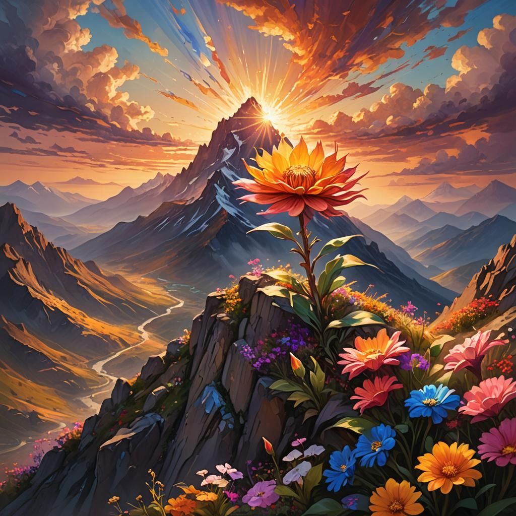 Magnificent Flower Blooms on Mountain Peak: Oil Painting