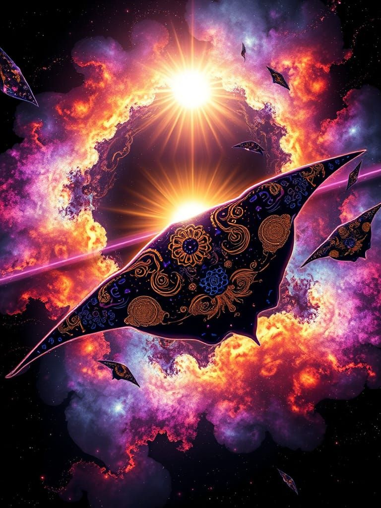 Bioluminescent Manta Rays Soaring Through Cosmic Nebula