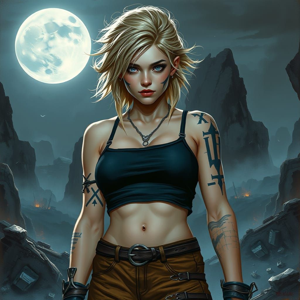 Female Warrior in War-Torn Landscape: Dark Fantasy Art