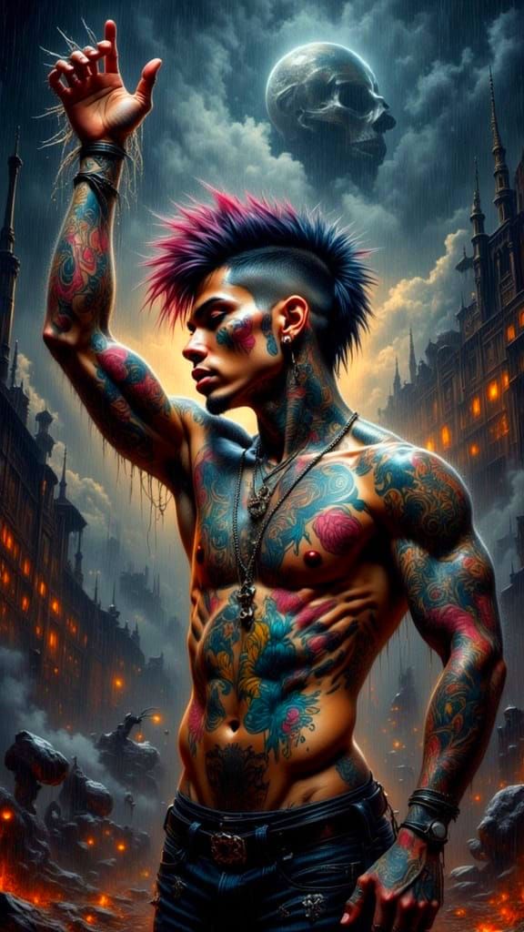 Surreal Punk Portrait in Rain-Soaked Dreamscape