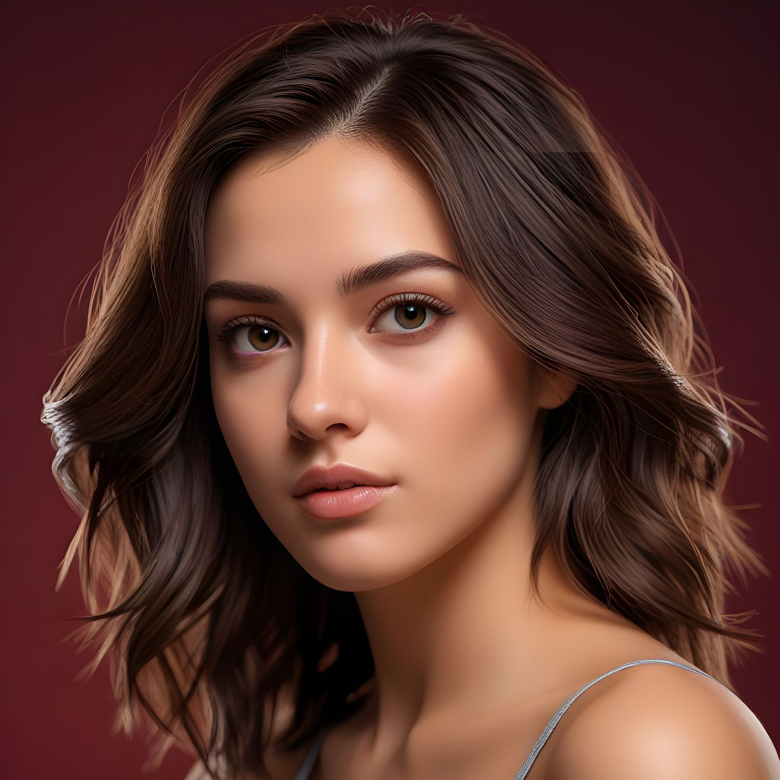 Hyperrealistic Portrait of Young Woman with Brown Eyes
