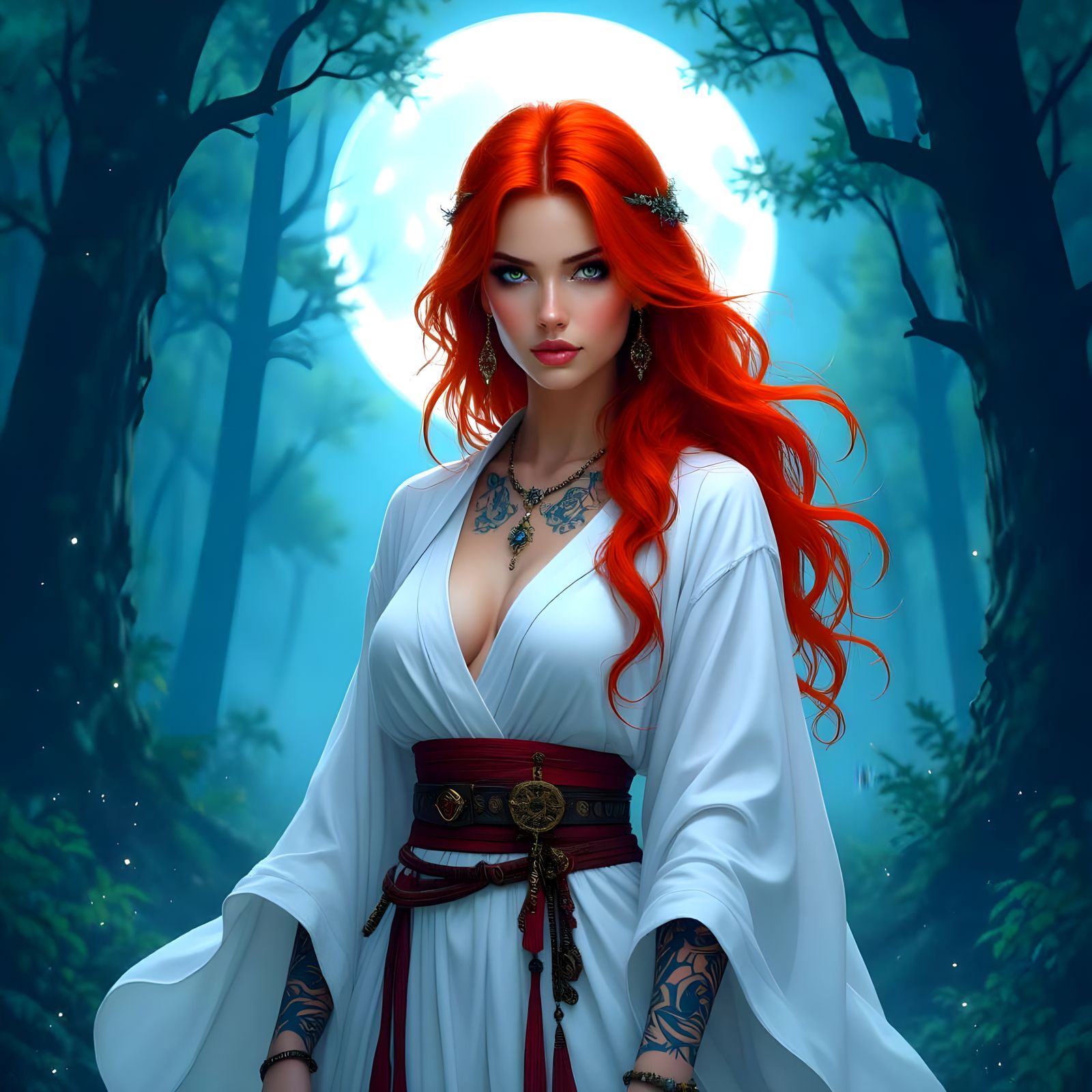 Red-Haired Sorceress in Mystical Forest: Digital Art