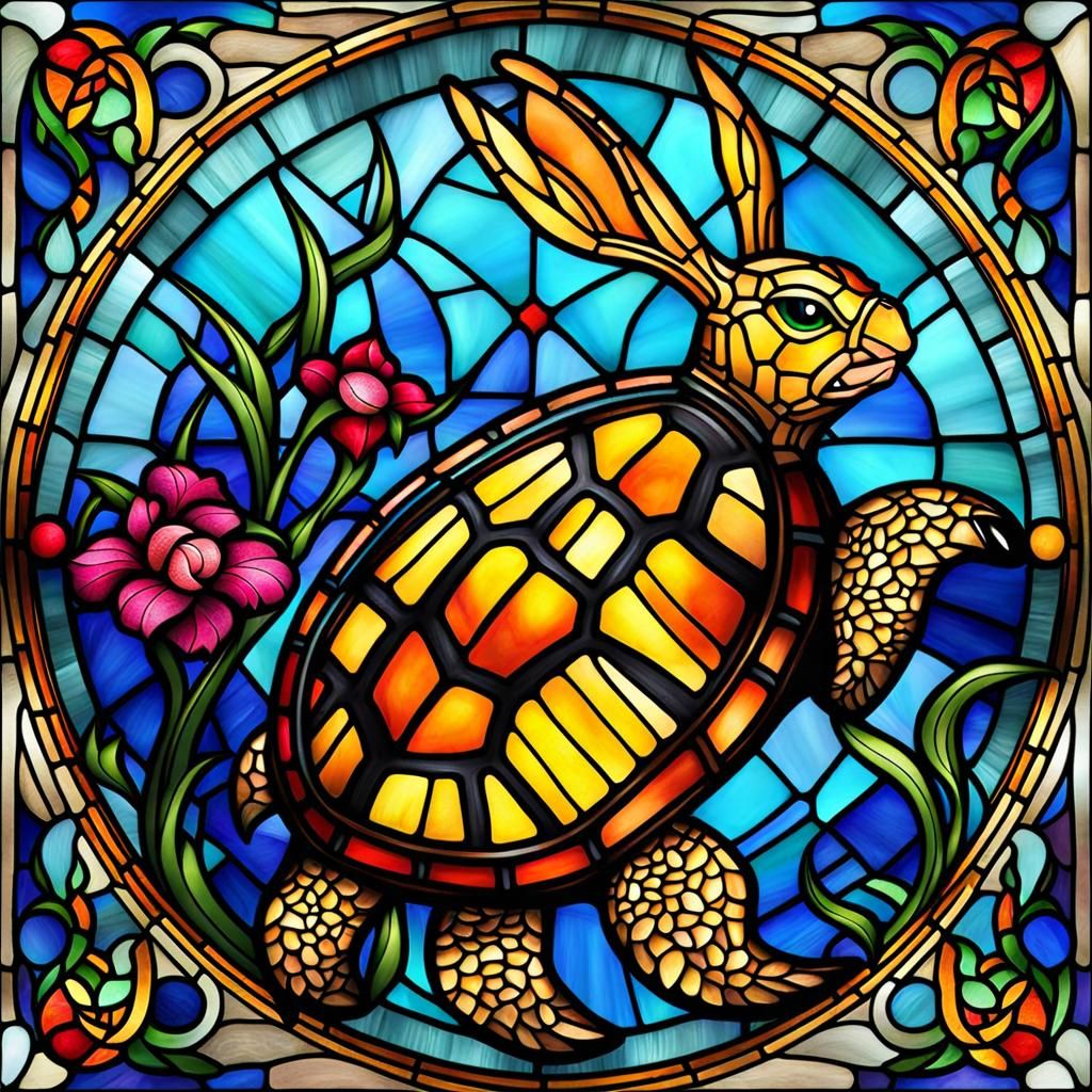 Stained Glass Turtle Bunny Tattoo Design