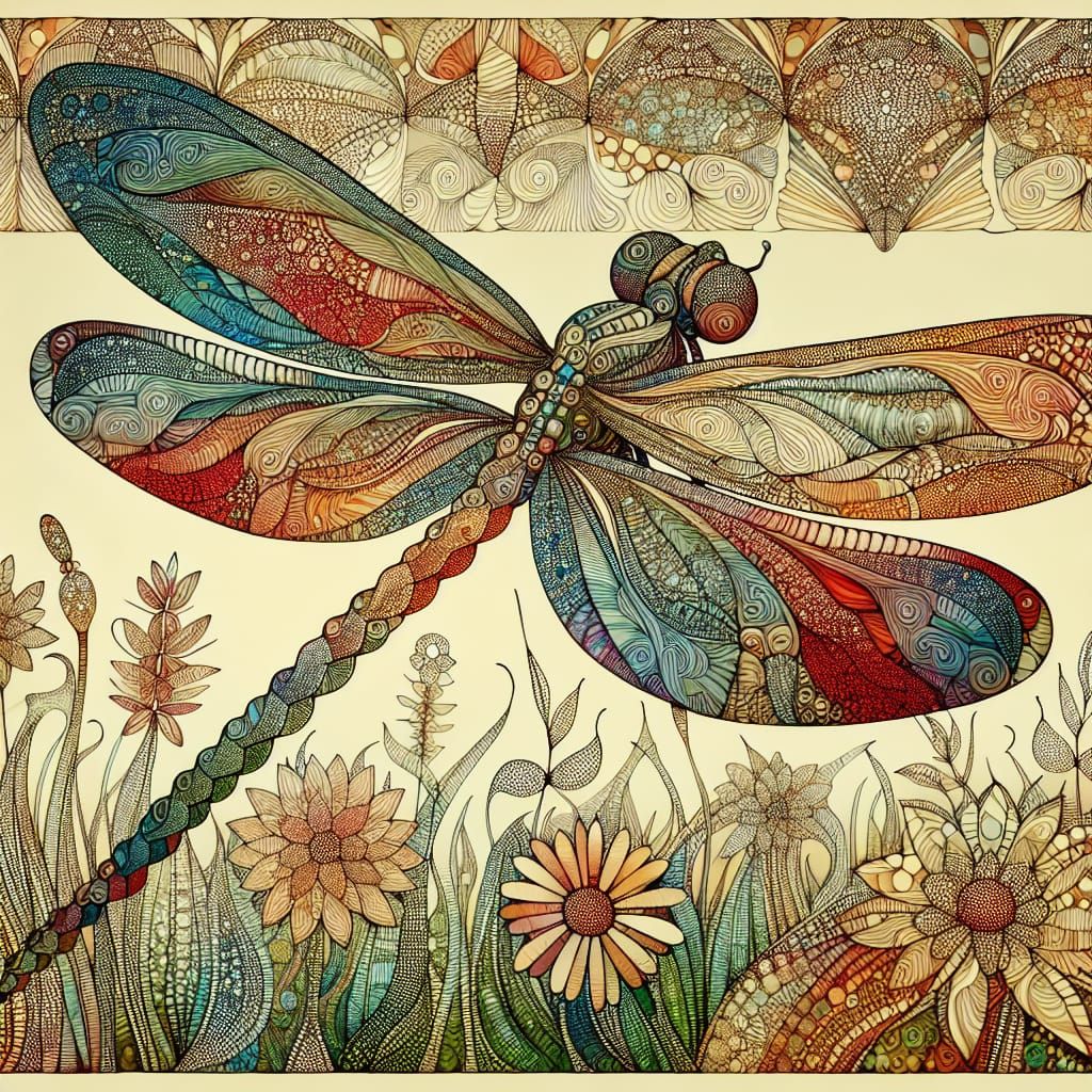 Intricate Zentangle Dragonfly in Tussle of Colors