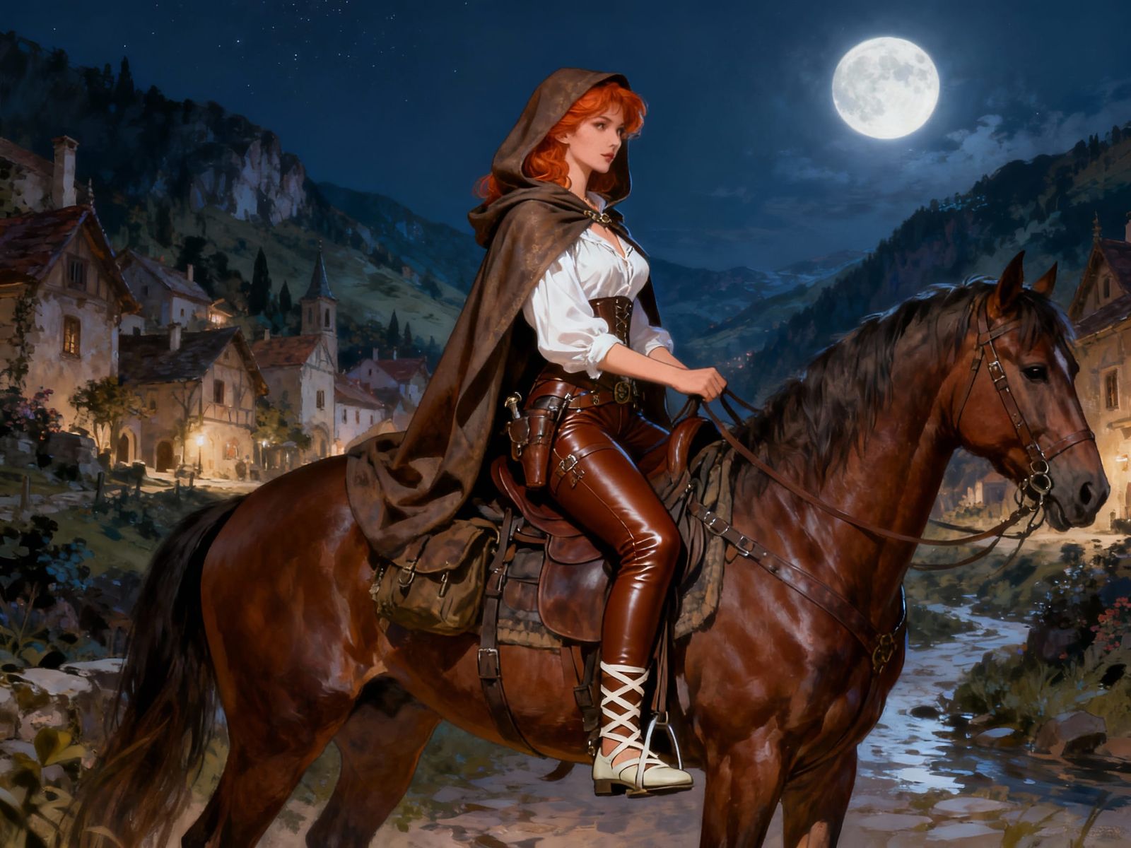 Female Rogue Rides Horseback Through Moonlit Valley