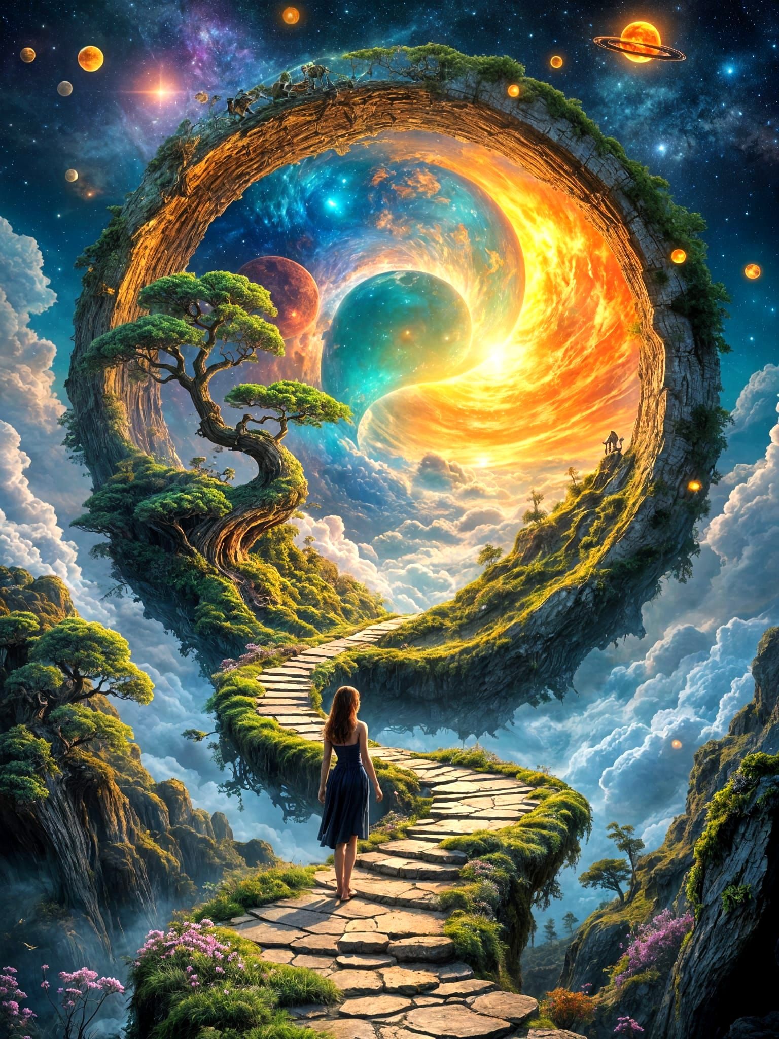 Surreal Cosmic Gateway Amidst Twisted Bonsai and Ancient Run...