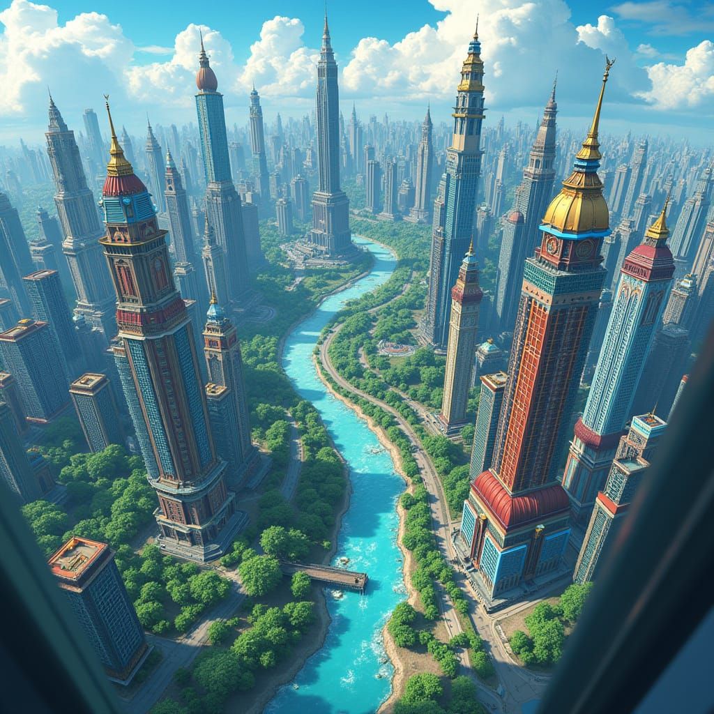 Anime City Bird's Eye View in Vibrant Detail