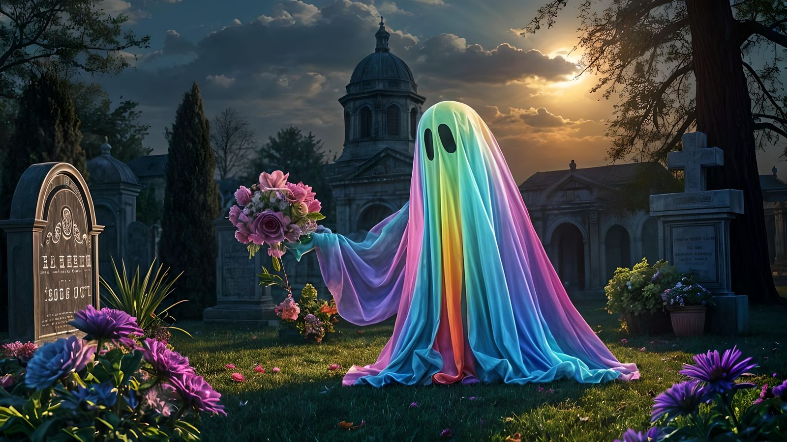 Rainbow Ghost in Graveyard: Serene Digital Art