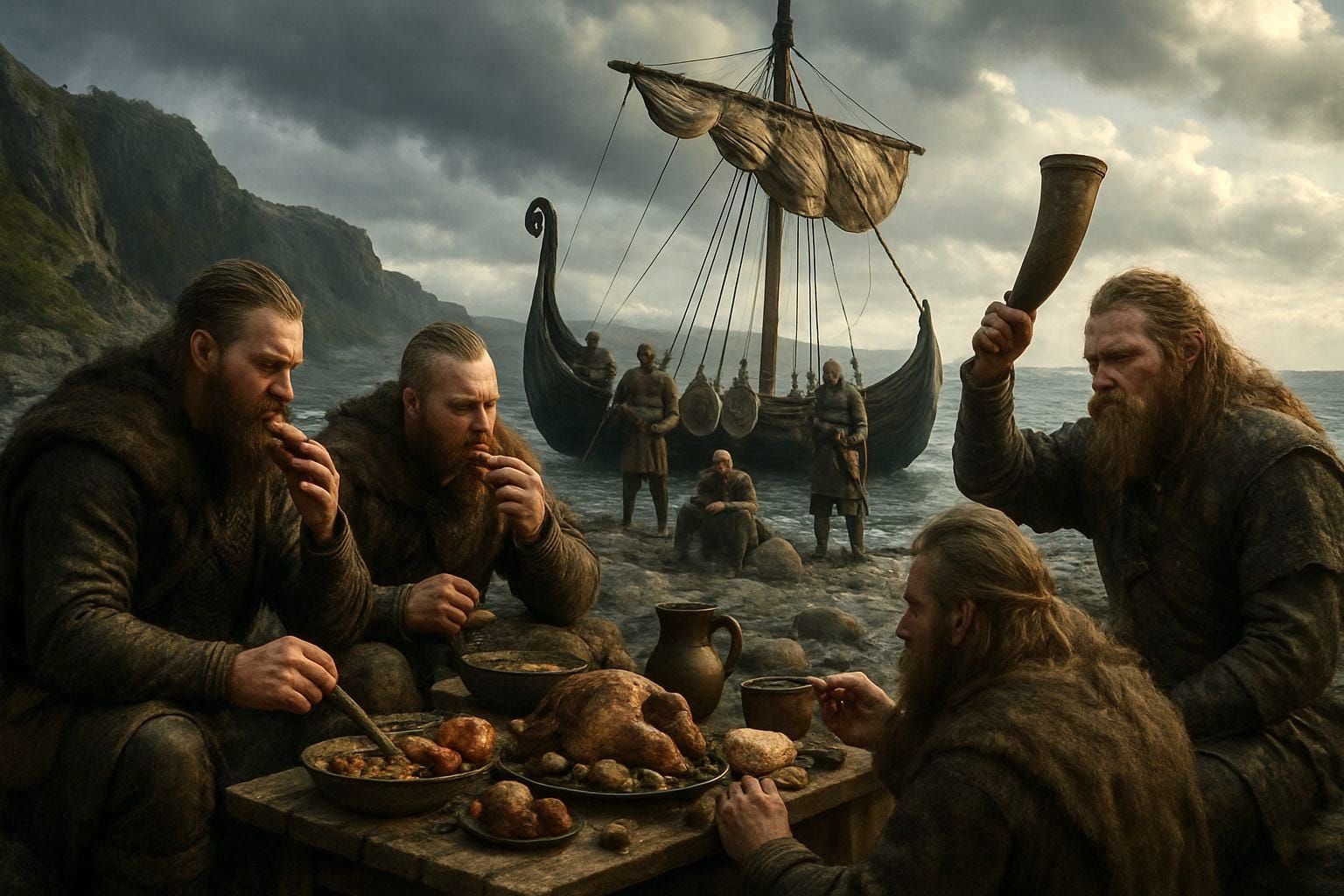 Viking Feast on the Shore: Hyperrealistic Detailed Scene