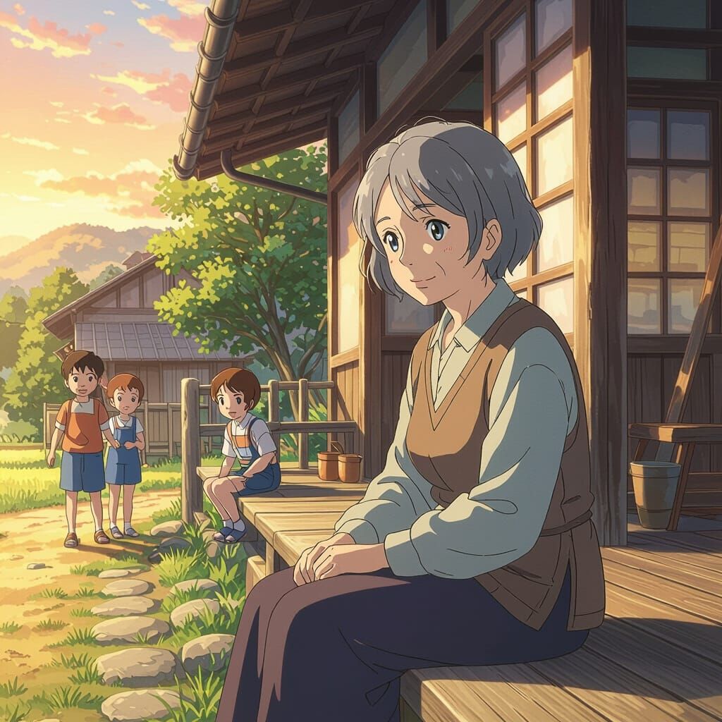 Anime Elderly Woman in Rural Village Sunset
