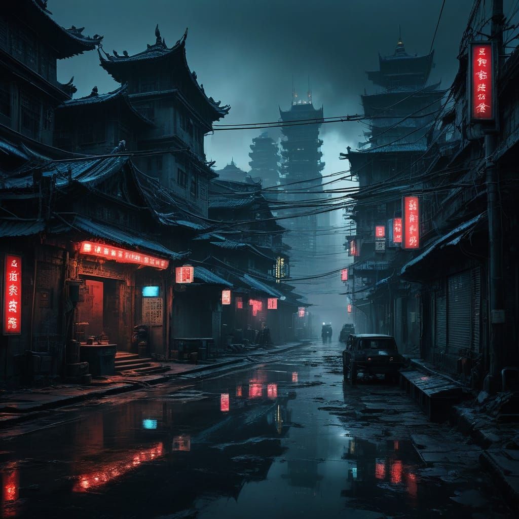 Neon-Lit Tibetan Metropolis in Cyberpunk Style