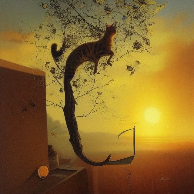 Surreal Cat in Tree at Sunset, Oil Painting