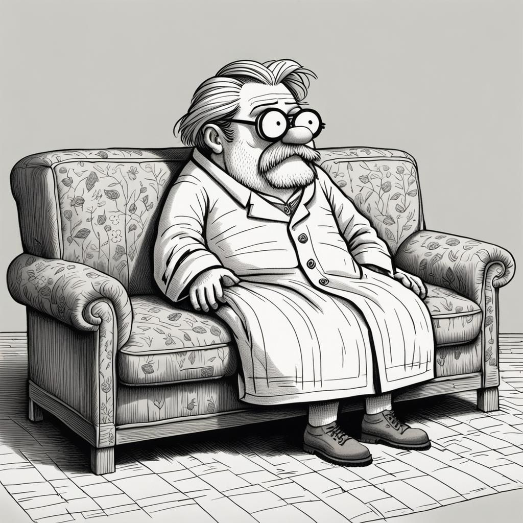 Cartoon Lounger on New Couch, Groening Style