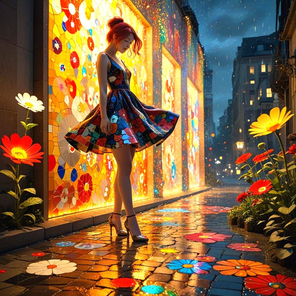 Red-Haired Woman on Neon Street as Klimt-Murakami Mix