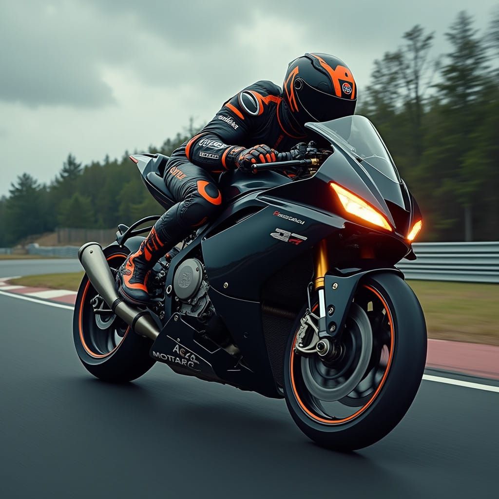 Motorcyclist in Dynamic Action on a Neon Orange Sports Bike