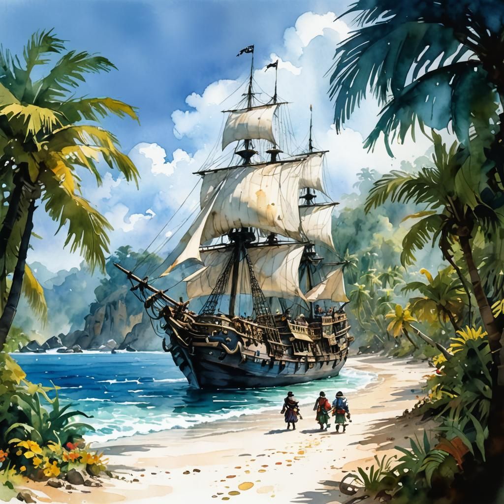 Pirate Treasure Island in Whimsical Watercolor Style