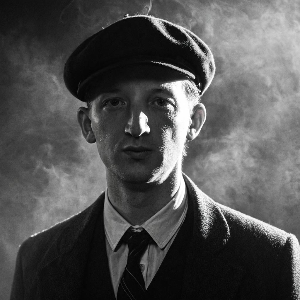 Stern Peaky Blinder Figure in Smoky, Film Noir-Inspired Atmo...