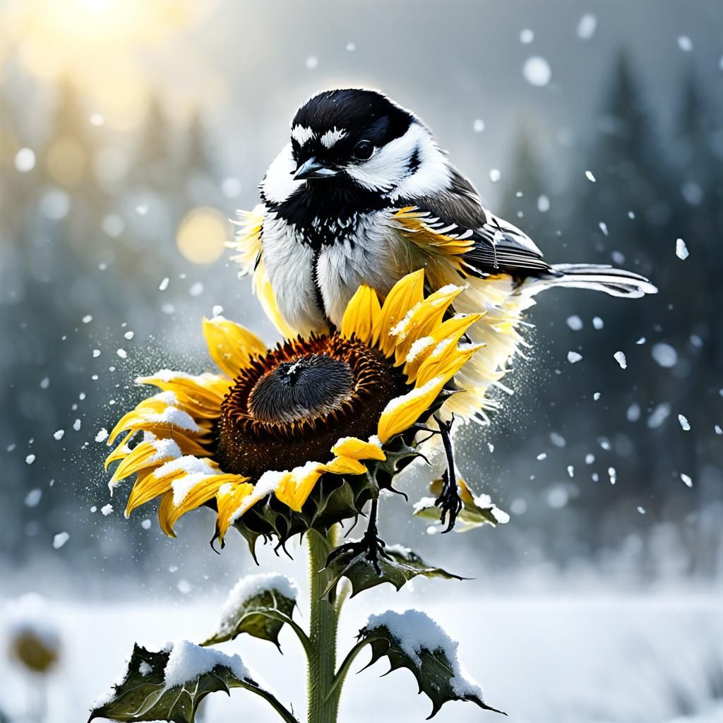 Chickadee on Sunflower in Snow: Matte Painting