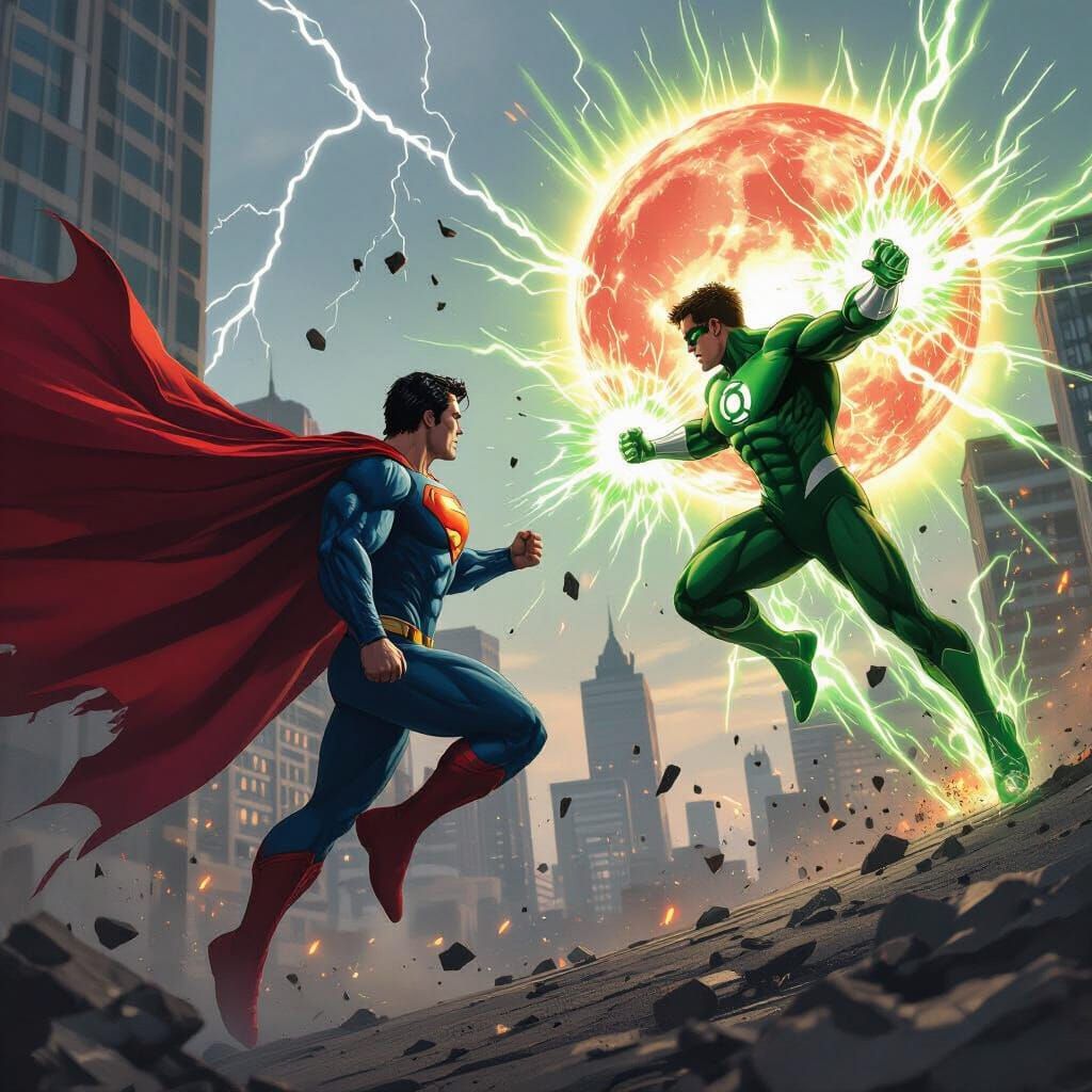 Superman vs Green Lantern in Hyper-Realistic Style