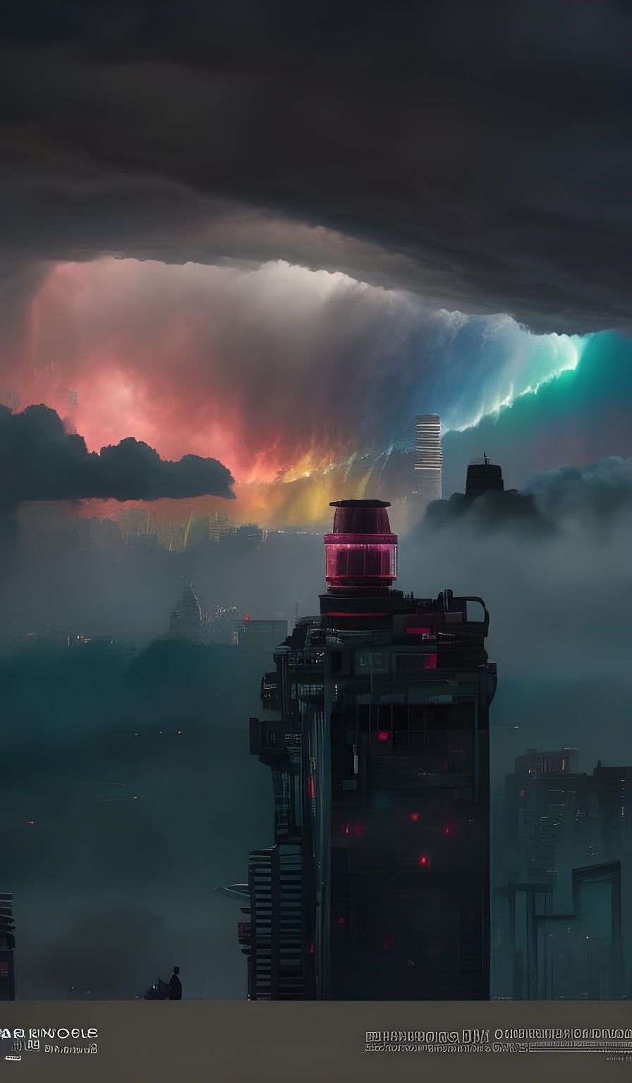 Rainbow Storm over Cyberpunk City Ruins
