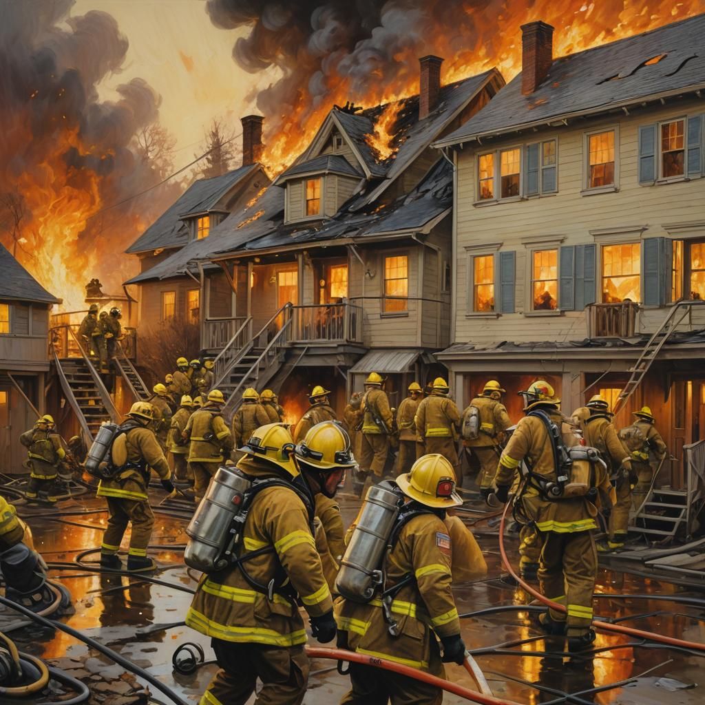 Firefighters Rescue People From Burning House, Oil Painting