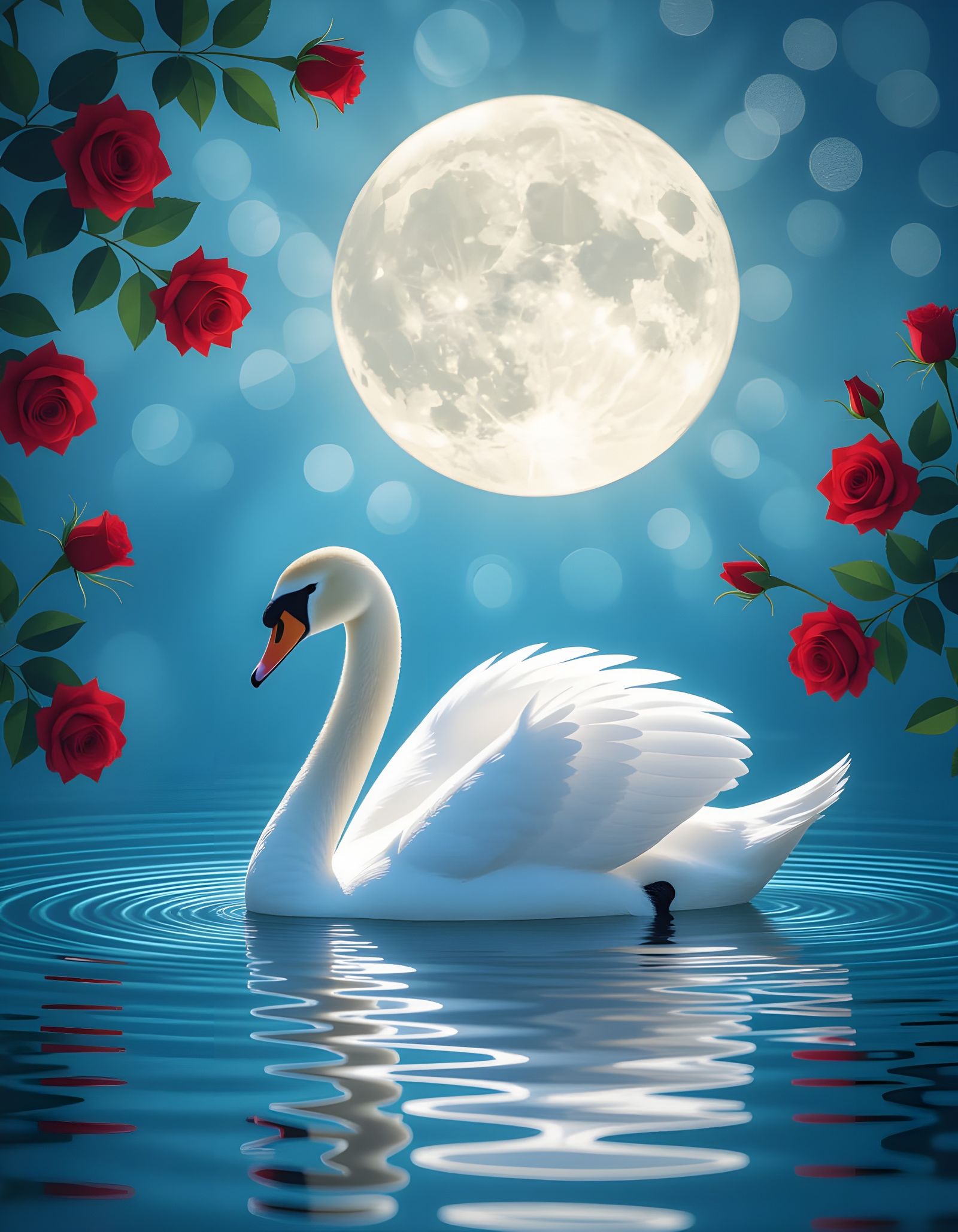 Swan Amidst Roses in Dreamy Abstract Landscape