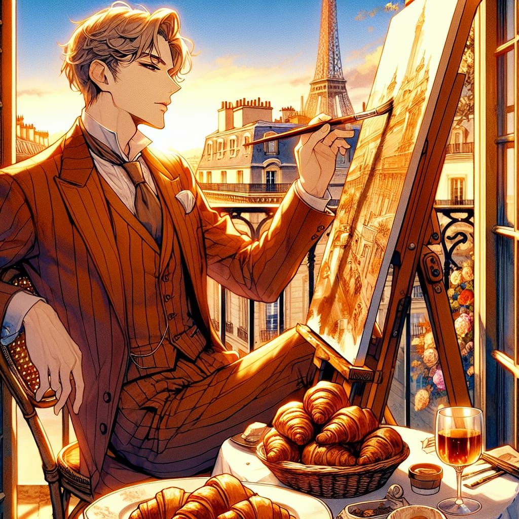 French Painter on Balcony in Manga Style