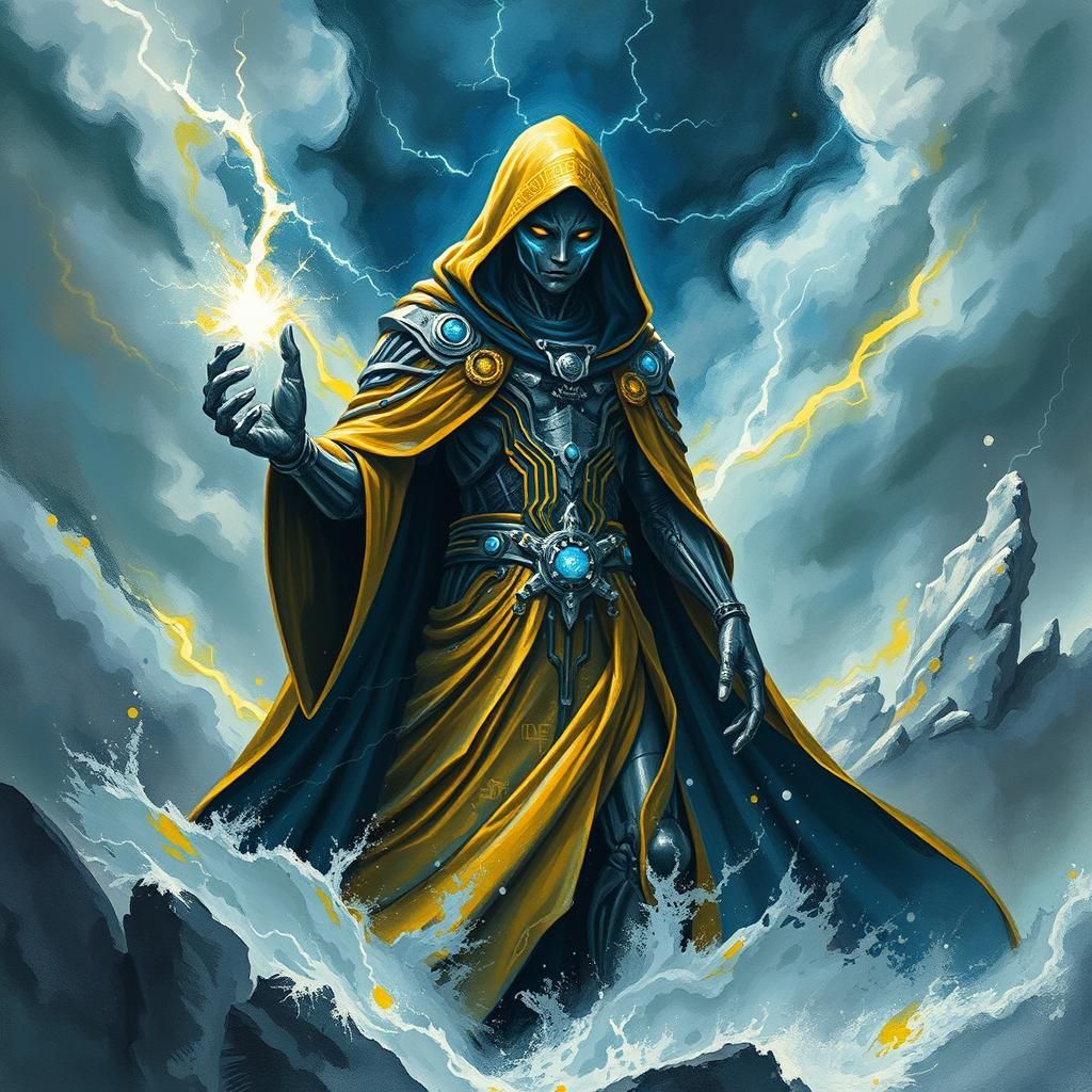 "Storm summoner Transformer enveloped by swirling clouds and...