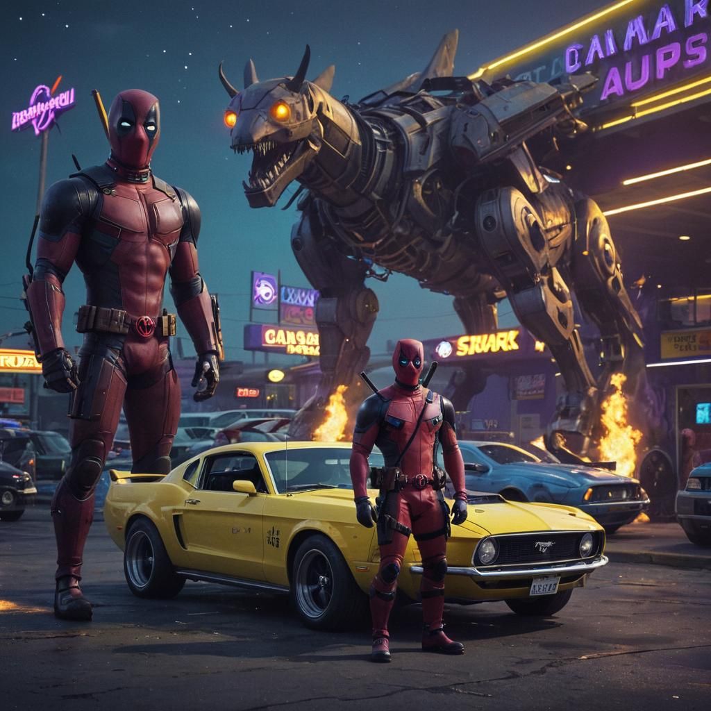 Deadpool at a Retro-Futuristic Cosmic Gas Station