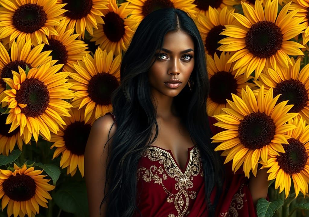 Roman Goddess Among Sunflowers, Dramatic Lighting