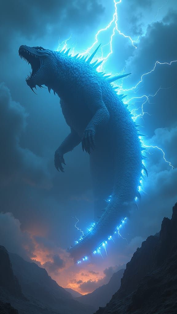 Electric Kaiju Rides Storm in Fantasy Concept Art
