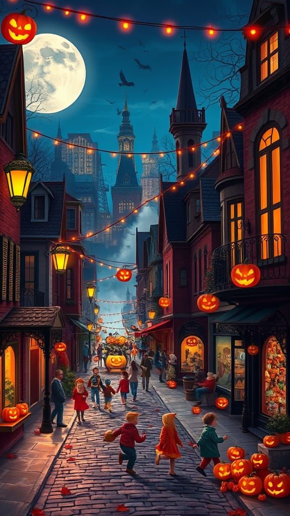 Moonlit Halloween Cityscape in Vibrant Autumn Colors