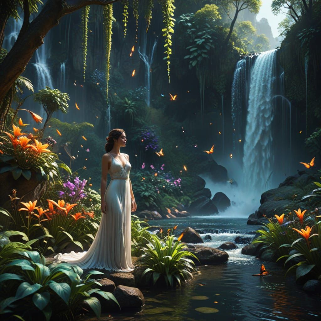Surreal Woman Enveloped by Exotic Blooms and Whimsical Water...
