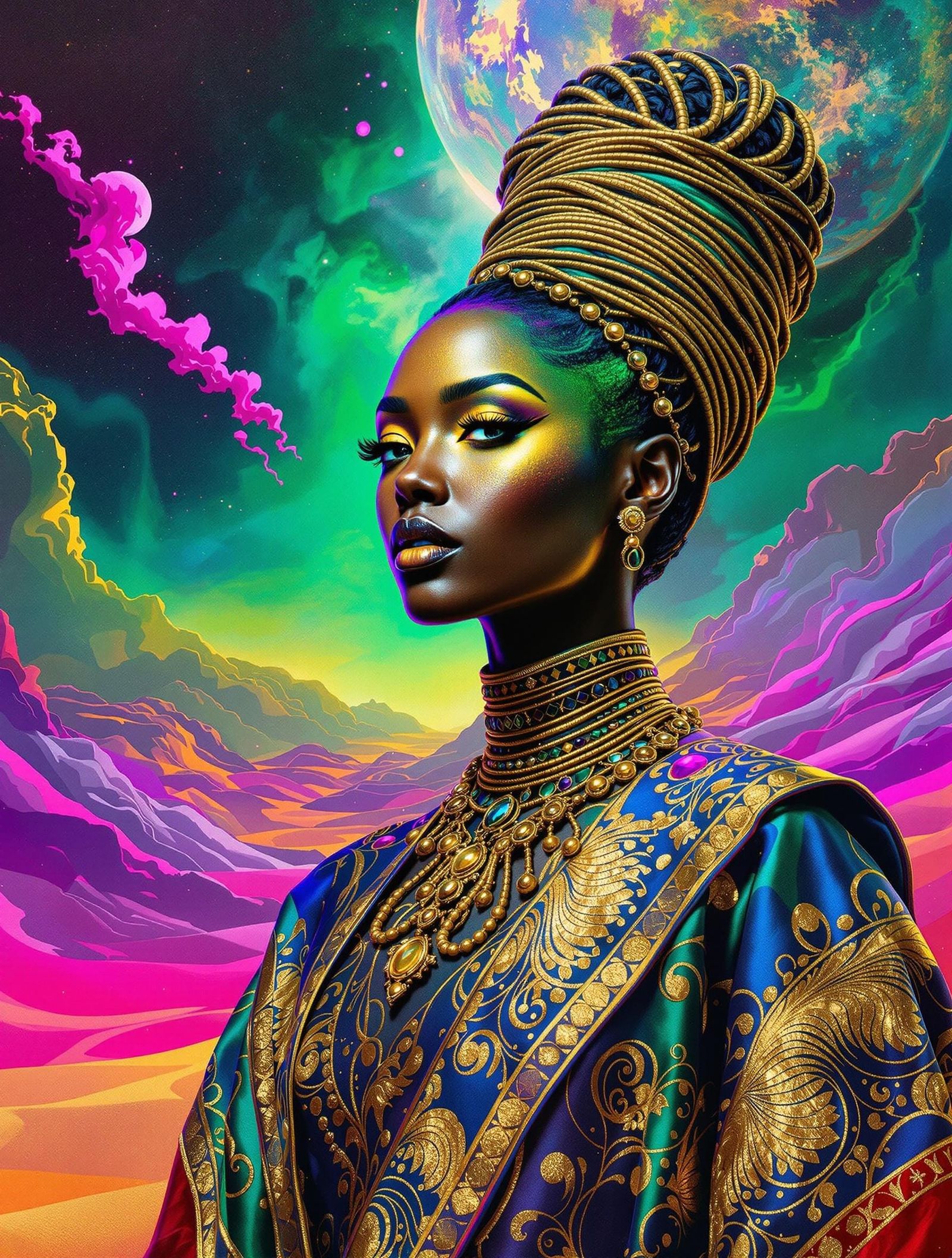 Ethereal Ethiopian Queen Rises in Neon Desert