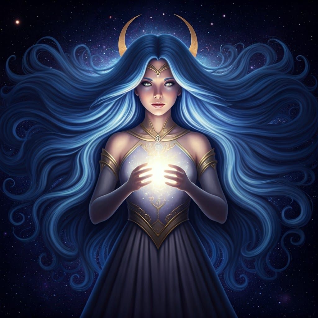 Mystical Witch with Cosmic Background and Glowing Orb